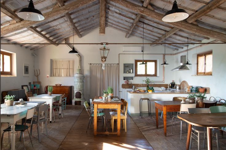 Intérieur d'une ferme-auberge avec une ambiance simple et accueillante, idéal pour des moments conviviaux.