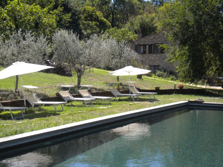 A historic farmhouse surrounded by trees and meadows, featuring a pool for relaxation.