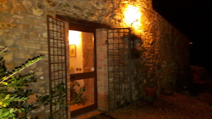 Entrance of a stone building surrounded by greenery in a nighttime scene.