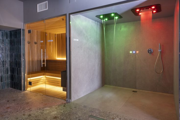 Entspannungsbereich mit Sauna und emotionaler Dusche in einer einfachen und einladenden Umgebung.