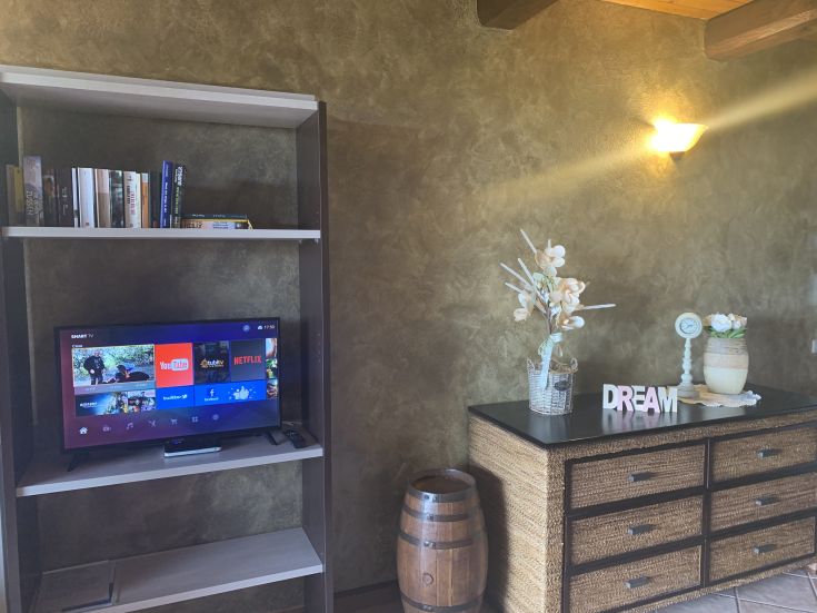 Interno di un agriturismo con una TV, una libreria e semplici dettagli decorativi.