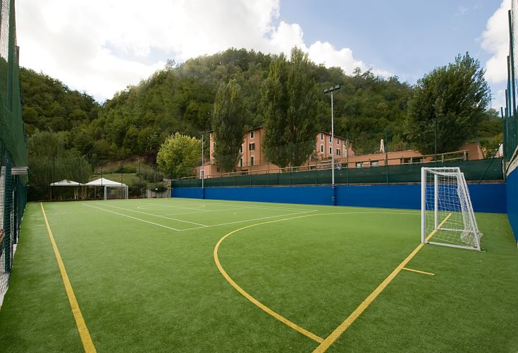 Campo da calcio circondato da alberi, adatto a diverse attività sportive all'aperto.