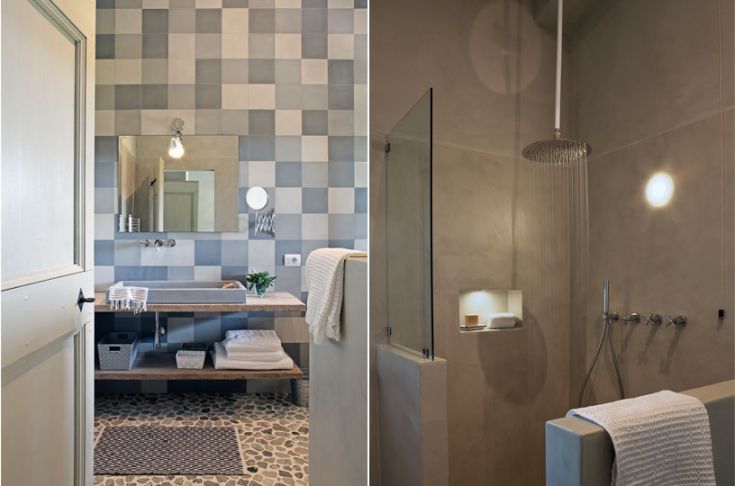 Salle de bains moderne avec des carreaux clairs et des meubles simples. Espace lumineux et fonctionnel.