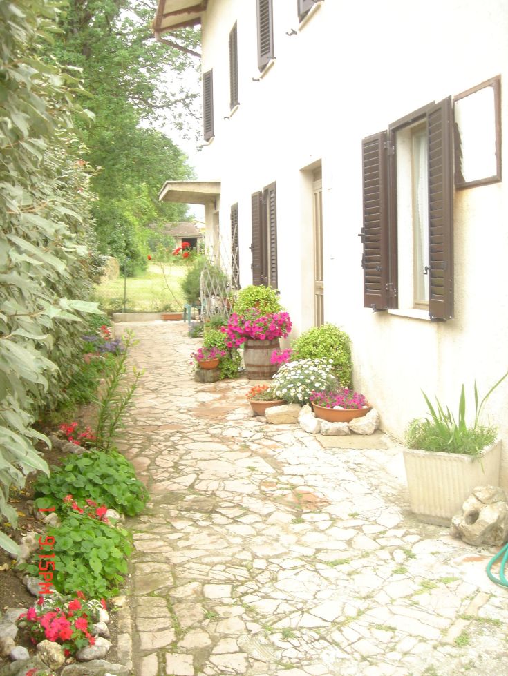 Une avenue ornée de fleurs avec une villa au loin et un espace vert environnant.