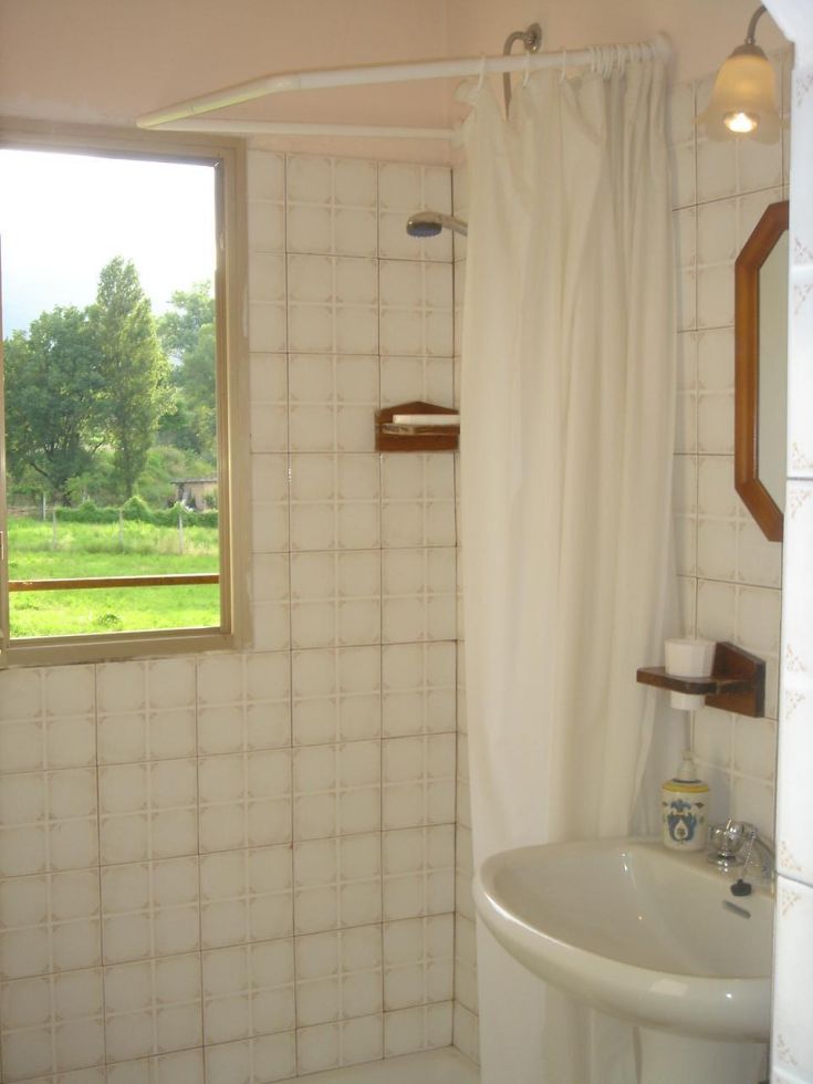 Une salle de bain bien aménagée avec une douche, un lavabo et une fenêtre donnant sur un paysage verdoyant.