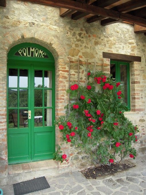 Una porta verde circondata da fiori rossi su una parete in pietra.