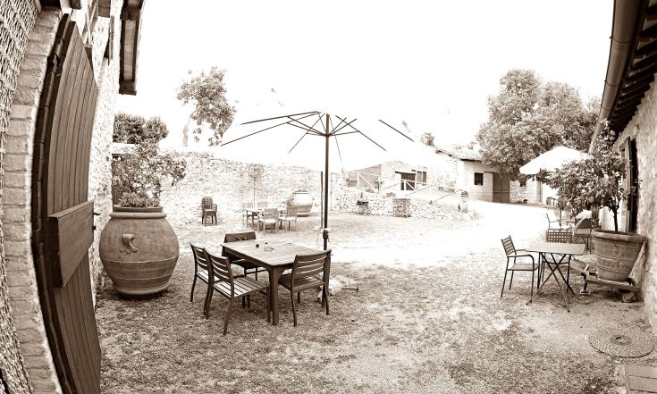 An outdoor area of a farmhouse surrounded by trees, featuring tables and umbrellas for relaxation.