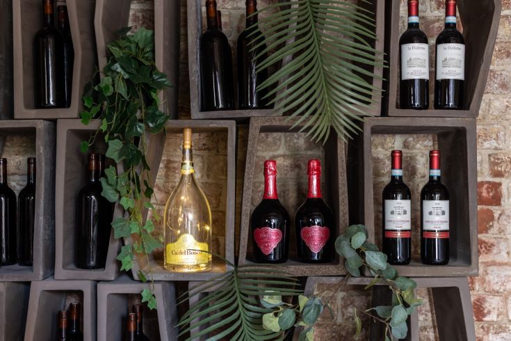 Interior of a venue featuring a selection of wines and decorative plants, creating a cozy atmosphere.