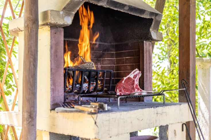 A barbecue path with meat on the grill, surrounded by green plants. A cozy and informal atmosphere.
