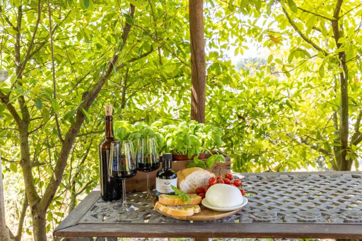 An outdoor table with wine, mozzarella, bread, and cherry tomatoes, surrounded by a natural setting.