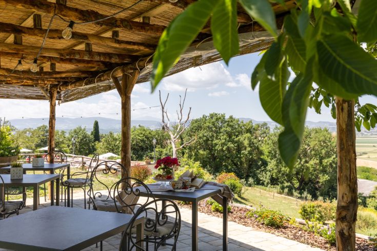 An outdoor area of a farm stay, surrounded by trees and typical vegetation of the Umbrian countryside.