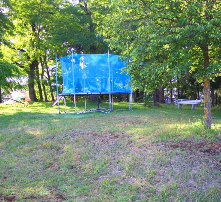 A blue trampoline located in a large green lawn, surrounded by trees and a scenic view of nature.