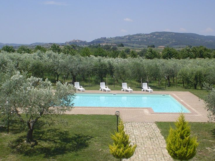 Zone de piscine entourée d'arbres et de collines, idéale pour se détendre en plein air.