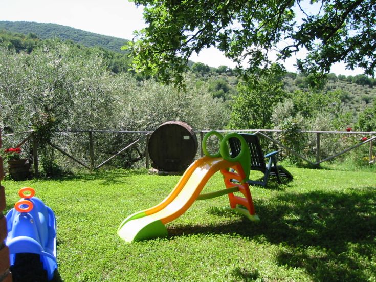 Ein ruhiger grüner Bereich mit einer bunten Rutsche, perfekt für Spaß und Entspannung.