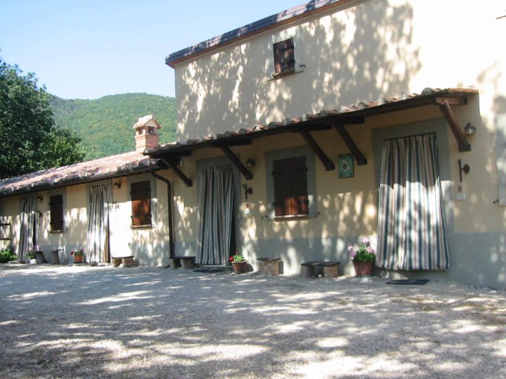 Ein Gebäude, das in das Grün eingebettet ist, umgeben von Bäumen und Vegetation, perfekt für eine entspannende Flucht in die Natur.