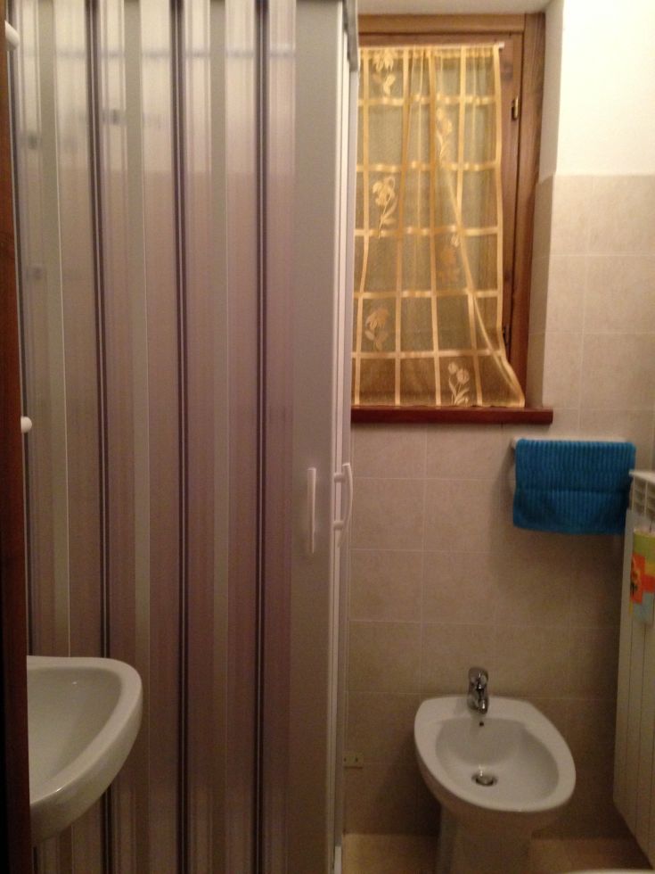 Essential and tidy bathroom with shower, sink, and bidet. Natural light comes in through a simple curtain.