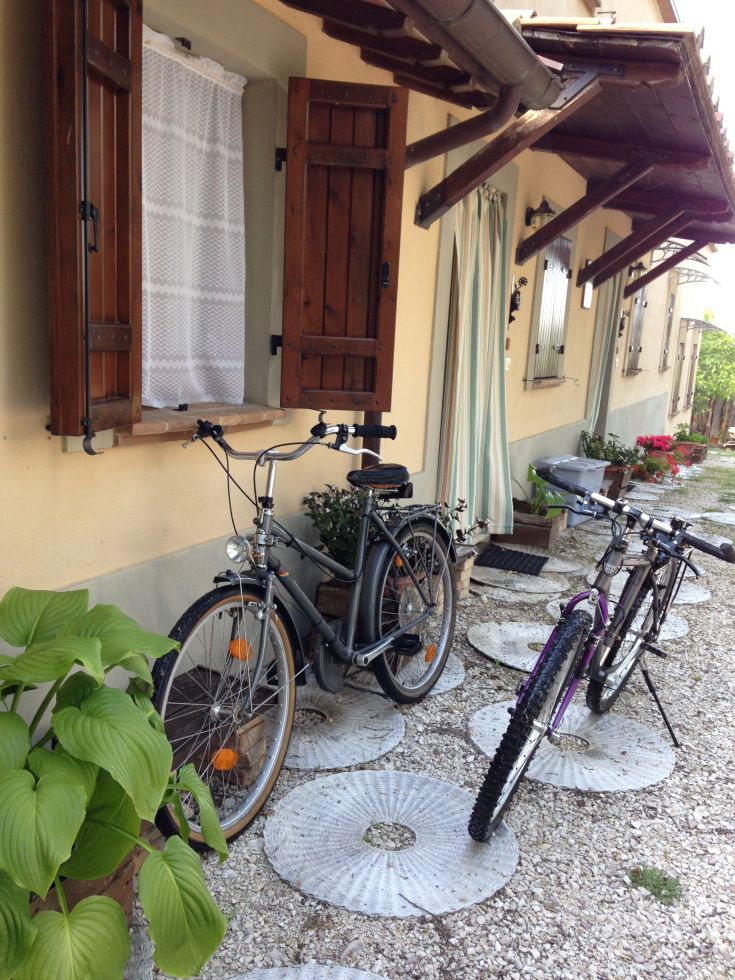 Fahrräder, die an einem Gebäude mit warmen Farbtönen lehnen, umgeben von Pflanzen in einer ruhigen Umgebung.