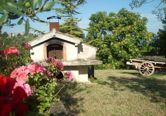 A natural corner featuring a wood-fired oven surrounded by lush vegetation and colorful flowers.