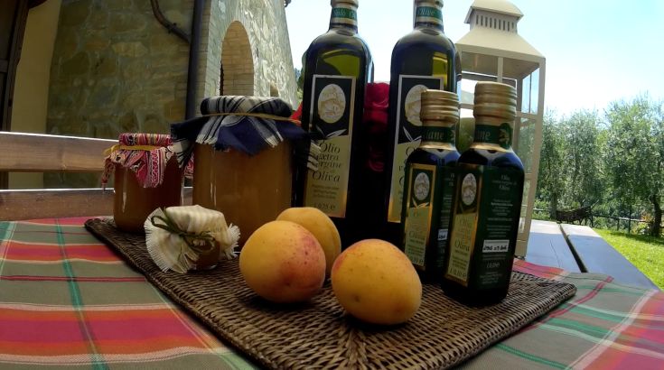 Un assortimento di oli d'oliva e marmellate, con frutta fresca, disposto in un contesto naturale.