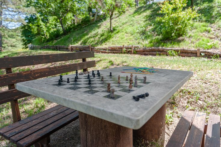 Una scacchiera in un parco, circondata da alberi e prati, con pezzi pronti per una partita all'aperto.