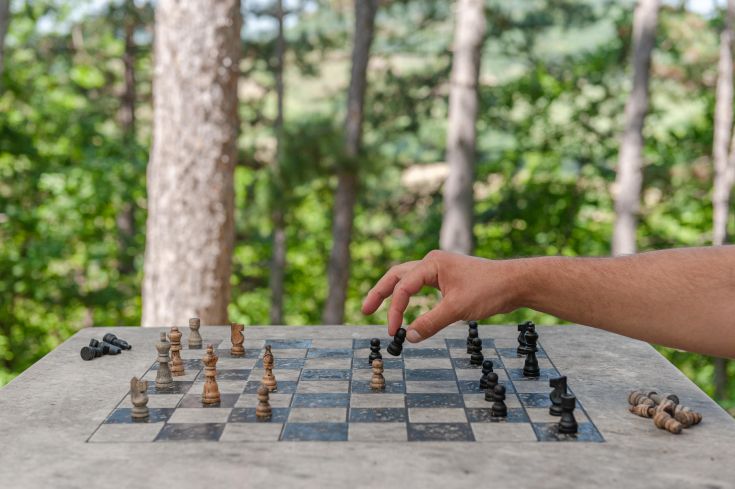 Scacchiera in legno posizionata nel bosco, ideale per una pausa riflessiva e strategica tra gli alberi.