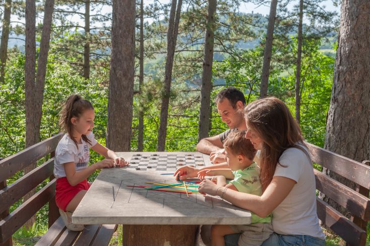 Attimi di svago con la famiglia in un ambiente naturale, circondati da alberi e vegetazione.