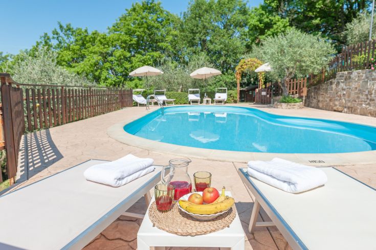 Una piscina circondata dalla vegetazione, con lettini a disposizione per il relax.