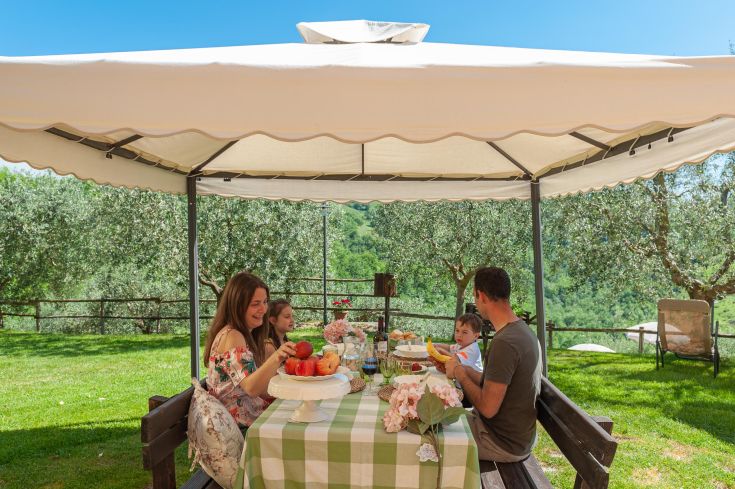 Una famiglia riunita sotto un gazebo, mentre consumano un pasto all'aperto in un ambiente tranquillo.