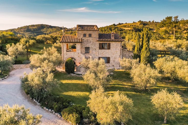 A farmhouse in Umbria surrounded by olive trees, immersed in greenery with a simple and cozy atmosphere.