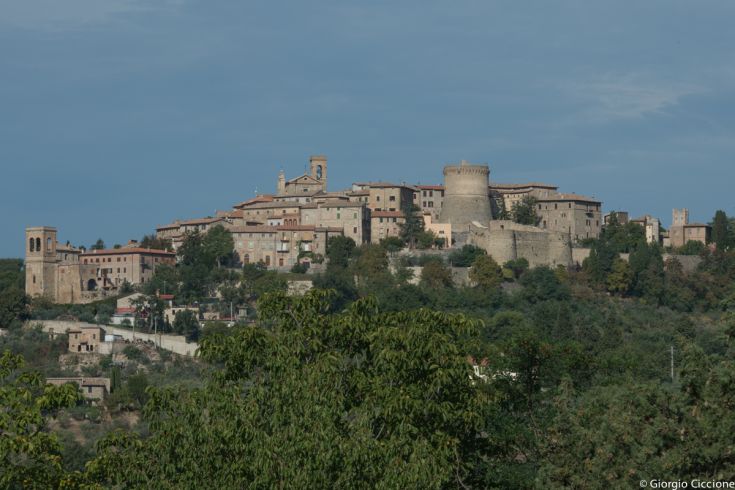 Scene of a peaceful hilltop village surrounded by lush greenery.