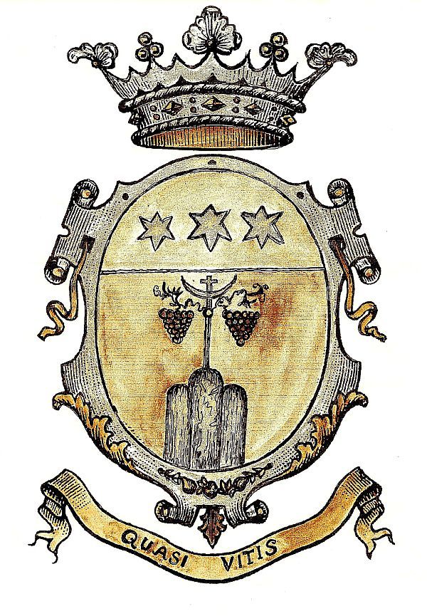 Stemma decorativo con simboli agricoli e corone, rappresentativo della tradizione locale.