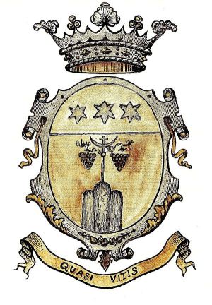 Decorative emblem featuring agricultural symbols and crowns, representing local tradition.