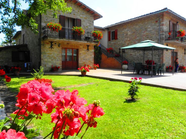 A cozy farmhouse surrounded by red flowers, perfect for relaxing in nature.