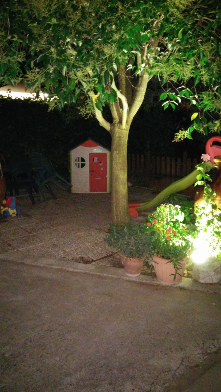 Un jardin nocturne avec un grand arbre, une maison colorée et des équipements de jeux pour enfants.