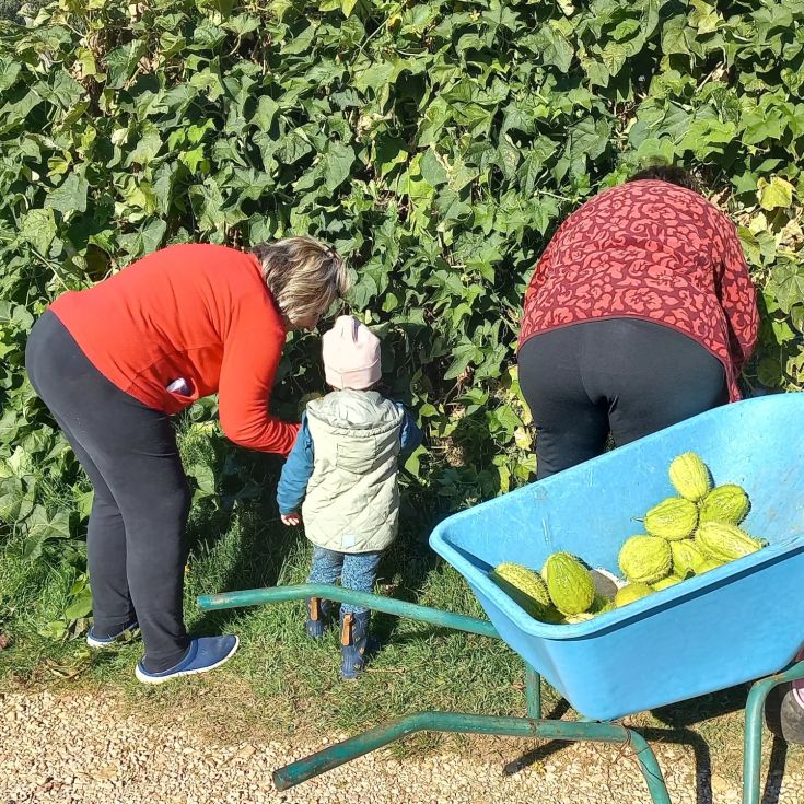 Une réunion de famille entourée de plantes et d'un chariot rempli de produits frais.