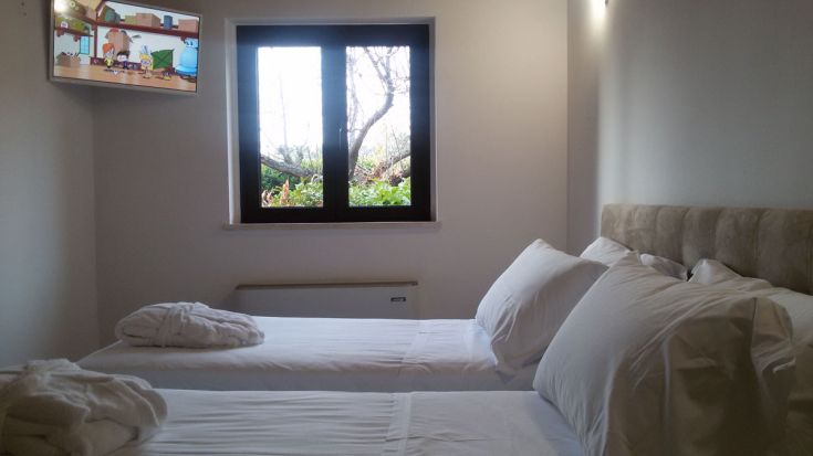 Innenansicht eines gemütlichen Zimmers mit Einzelbetten und Fernseher. Durch das Fenster ist ein gepflegter Garten zu sehen.