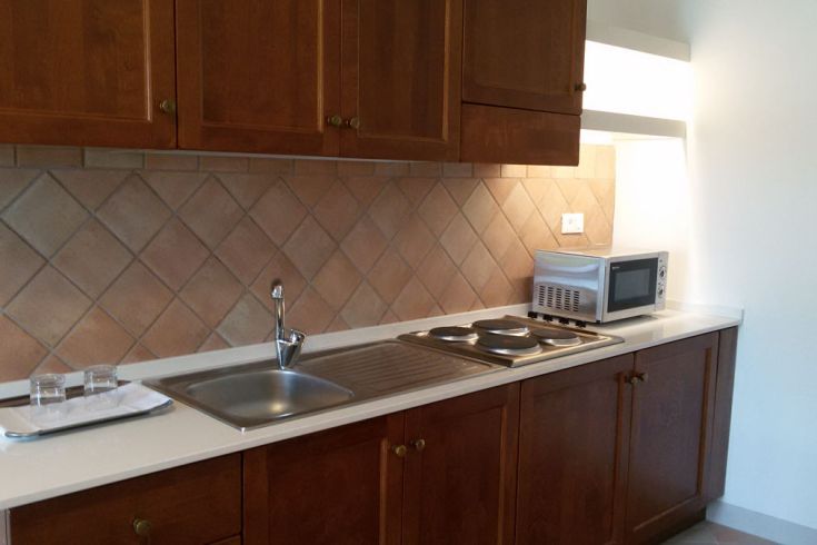 Moderne Küche mit Holzmöbeln und Kochfläche.