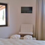 Ein einfaches Zimmer mit Wandfernseher und Blick auf einen Garten.