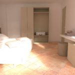 Helles Zimmer mit funktionalen Möbeln in warmen Tönen.