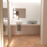 Innenansicht eines einfachen Badezimmers mit einem Waschbecken und einem hellen Spiegel.