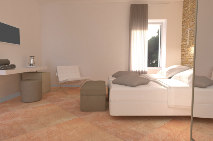 Ein modernes Schlafzimmer mit zeitgemöbel und einem Steinboden.