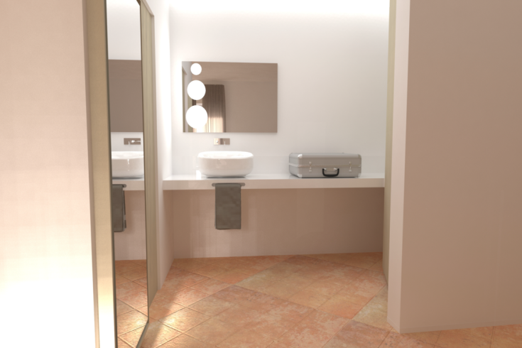 Ein gut eingerichtetes Badezimmer mit einem modernen Waschbecken, Spiegel und einem Koffer auf einer weißen Oberfläche.