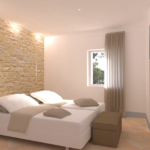 Einfaches Zimmer mit Steinwand, bequemen Betten und guter natürlicher Beleuchtung.