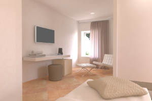 Innenansicht eines einfachen und modernen Schlafzimmers mit einem Sofa, einem Fernseher und natürlichem Licht.