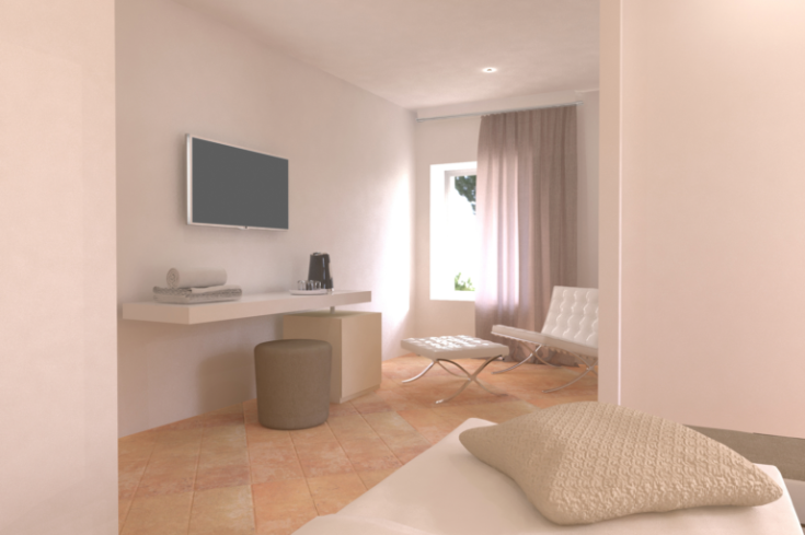 Ein heller und komfortablerraum mit einem Fernseher und einer Entspannungsecke.