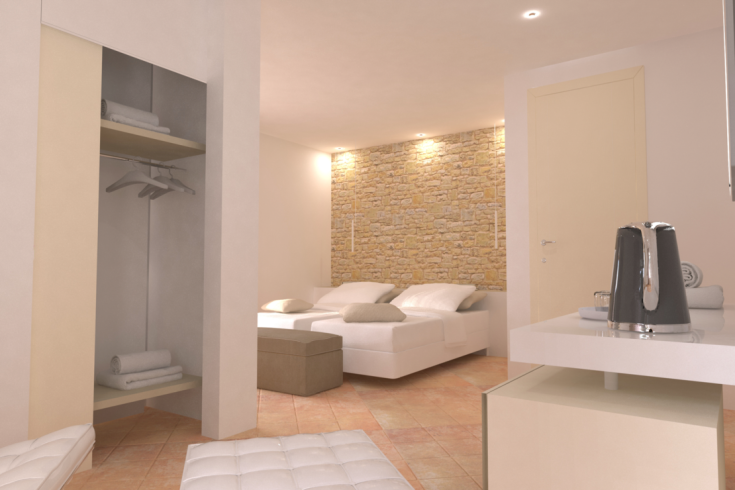 Ein gut eingerichtetes Zimmer mit Steinwänden und modernen Möbeln.