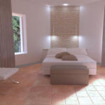 Gemütliches Schlafzimmer mit einem Bett und sanfter Beleuchtung.