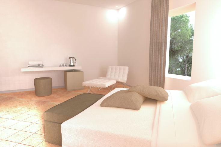 Moderne Zimmer mit schlichten Details und Blick auf einen gepflegten Garten.