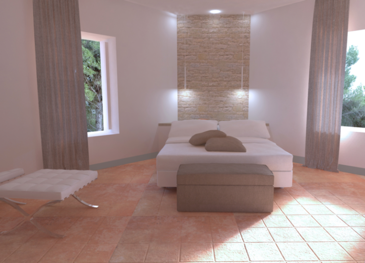 Einfache Schlafzimmer mit Steinwänden und modernen Möbeln, ideal für entspannende Momente.