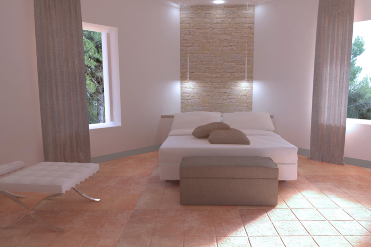 Einfache Schlafzimmer mit einem Doppelbett und großen Fenstern. Ruhige und moderne Atmosphäre.